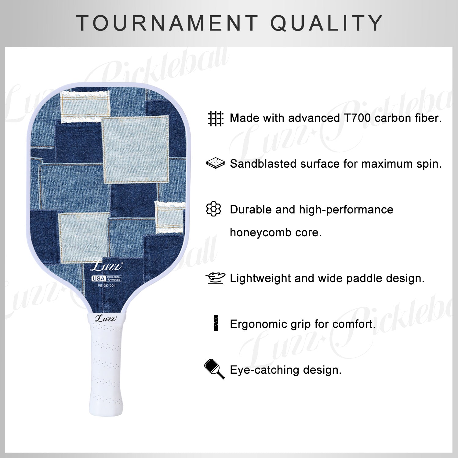 Luzz Denim Mosaic Original Paddle featuring premium T700 carbon fiber, a sand-textured surface, and a durable honeycomb core