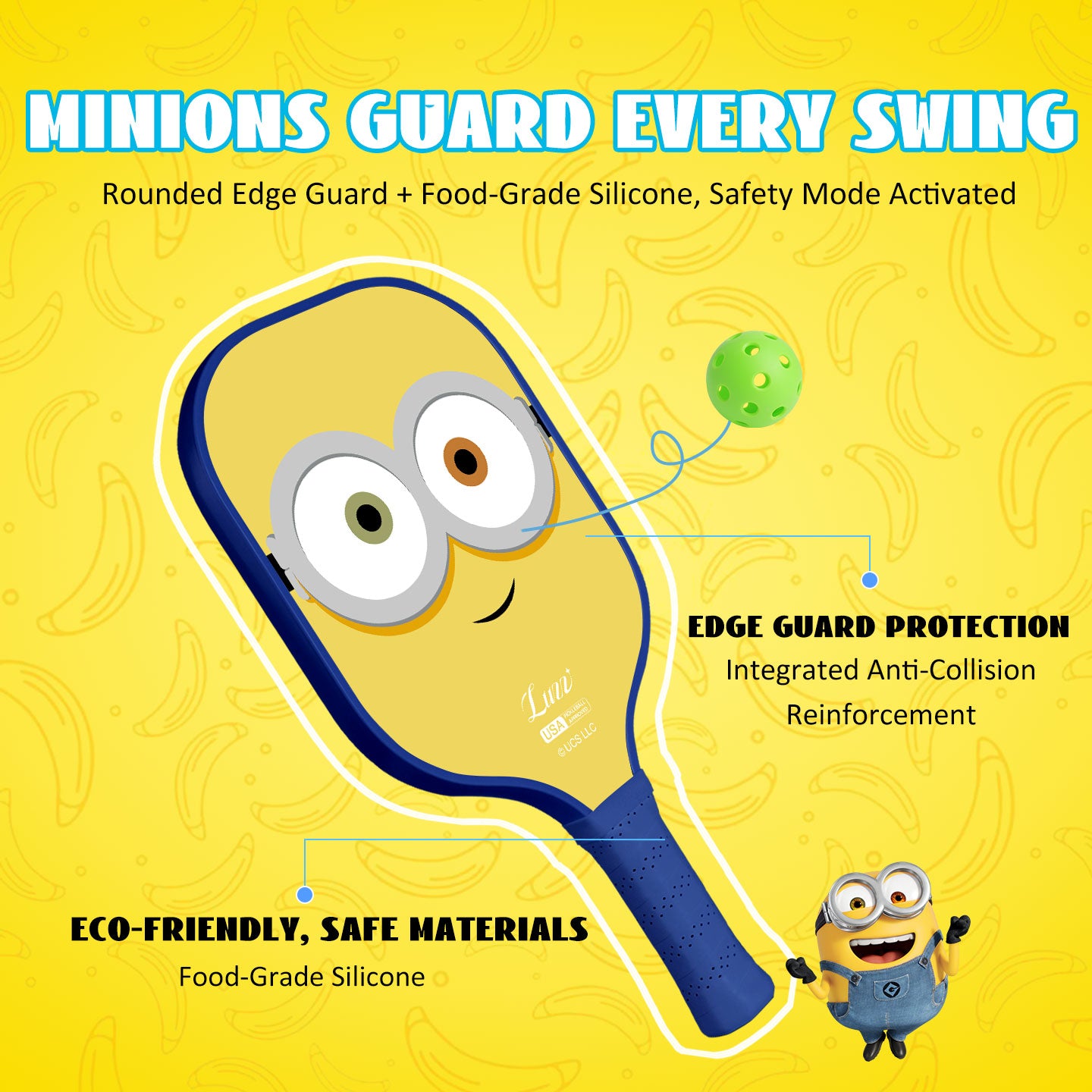 Luzzpickleball Minions Kids' T700 Carbon Fiber Pickleball Paddle - USAP Approved, Safe, Non-Toxic, Lightweight, Fun Design