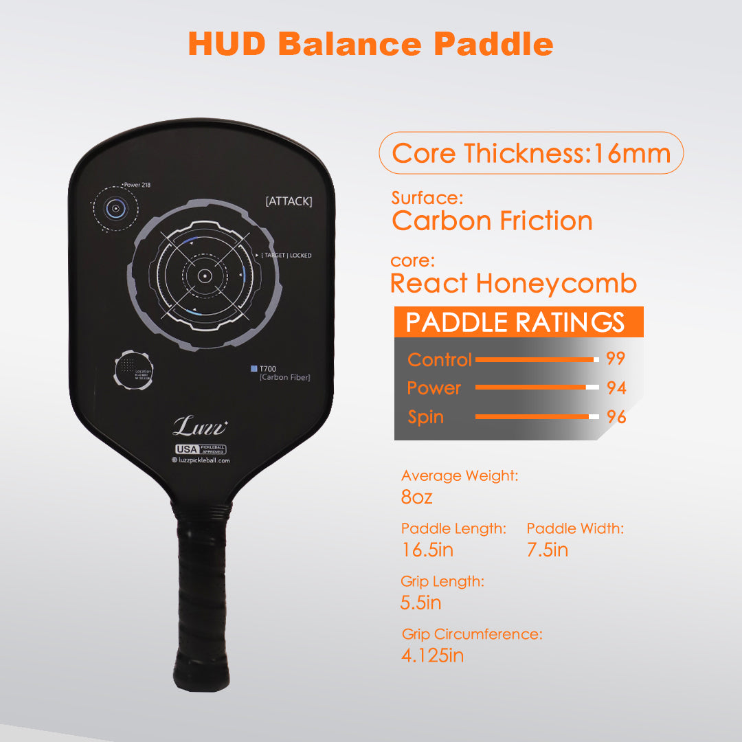 Luzzpickleball HUD Balance Paddle(16mm)T700 Carbon Friction Surface|Thermoformed