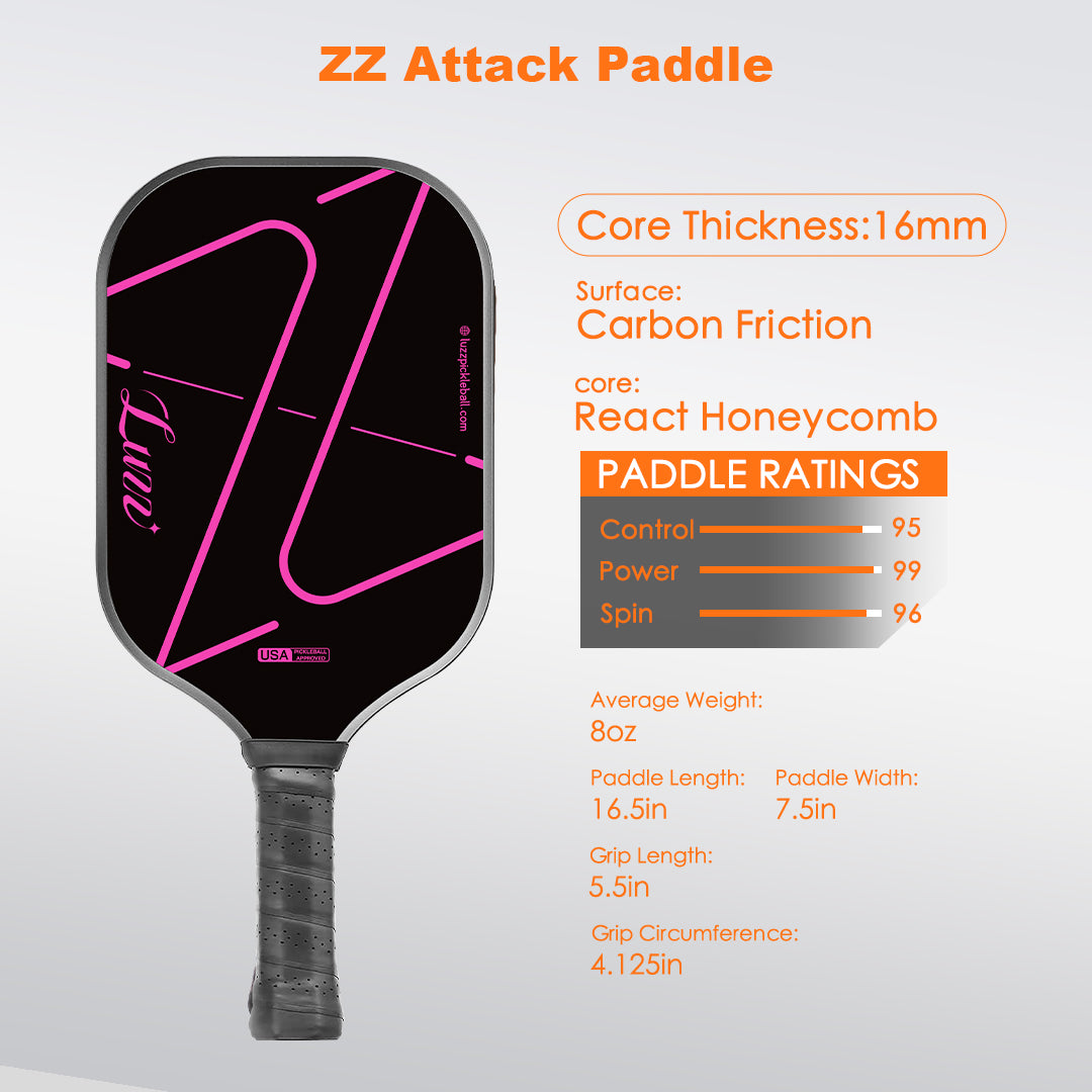 Luzzpickleball ZZ Attack Paddle(16mm)T700 Carbon Friction Surface|Thermoformed