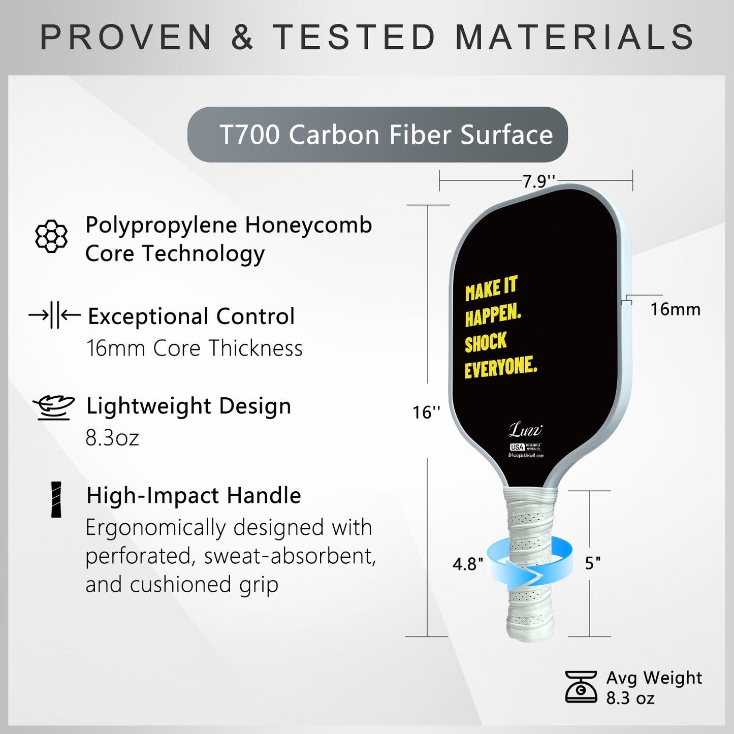 Luzzpickleball Shock Original Paddle (16mm) T700 Carbon Fiber