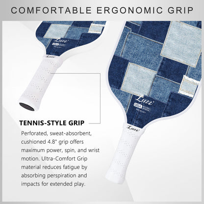 Luzz Denim Mosaic Original Paddle handle detail featuring a perforated, sweat-absorbing grip and a thick 4.8-inch handle  