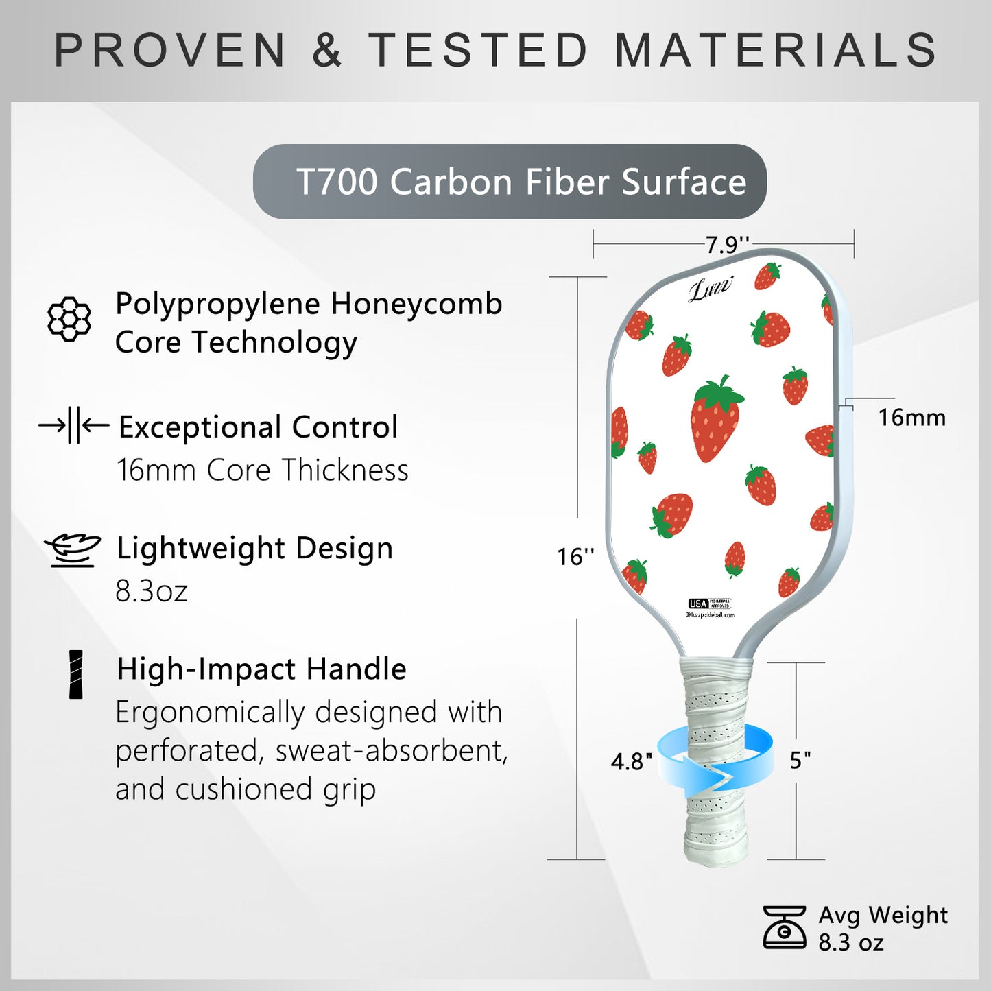 Luzzpickleball Strawberries Original Paddle (16mm) T700 Carbon Fiber
