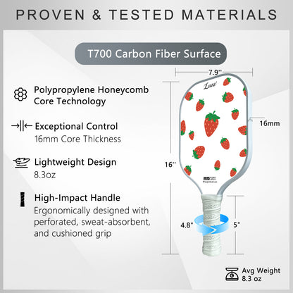 Luzzpickleball Strawberries Original Paddle (16mm) T700 Carbon Fiber