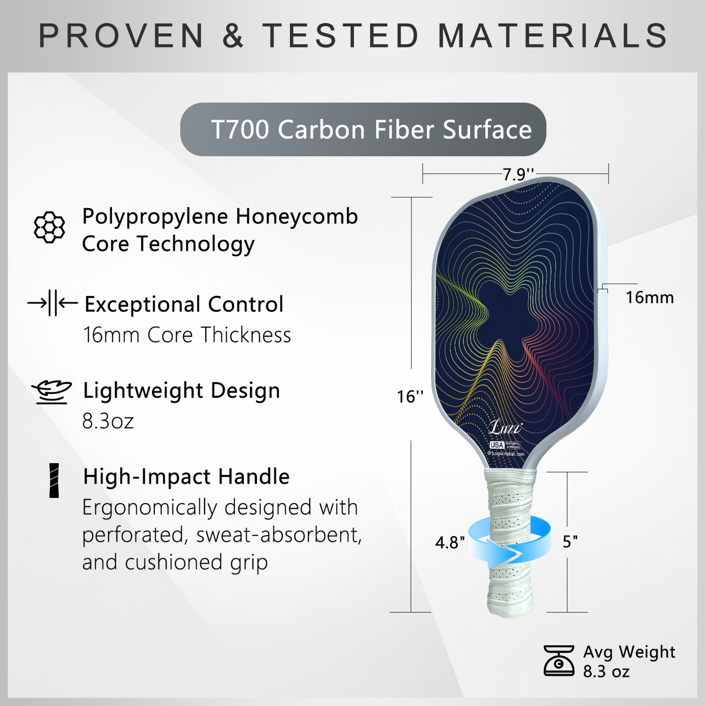 Luzzpickleball WaveStrike Original Paddle (16mm) T700 Carbon Fiber