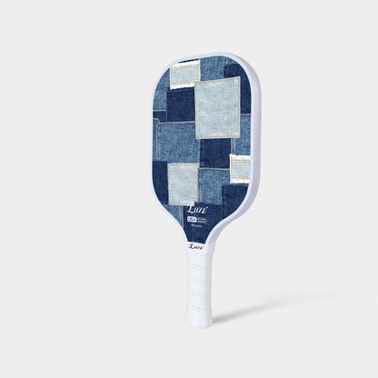 LUZZ Denim Mosaic Original Paddle upright angled side view featuring a white paddle edge