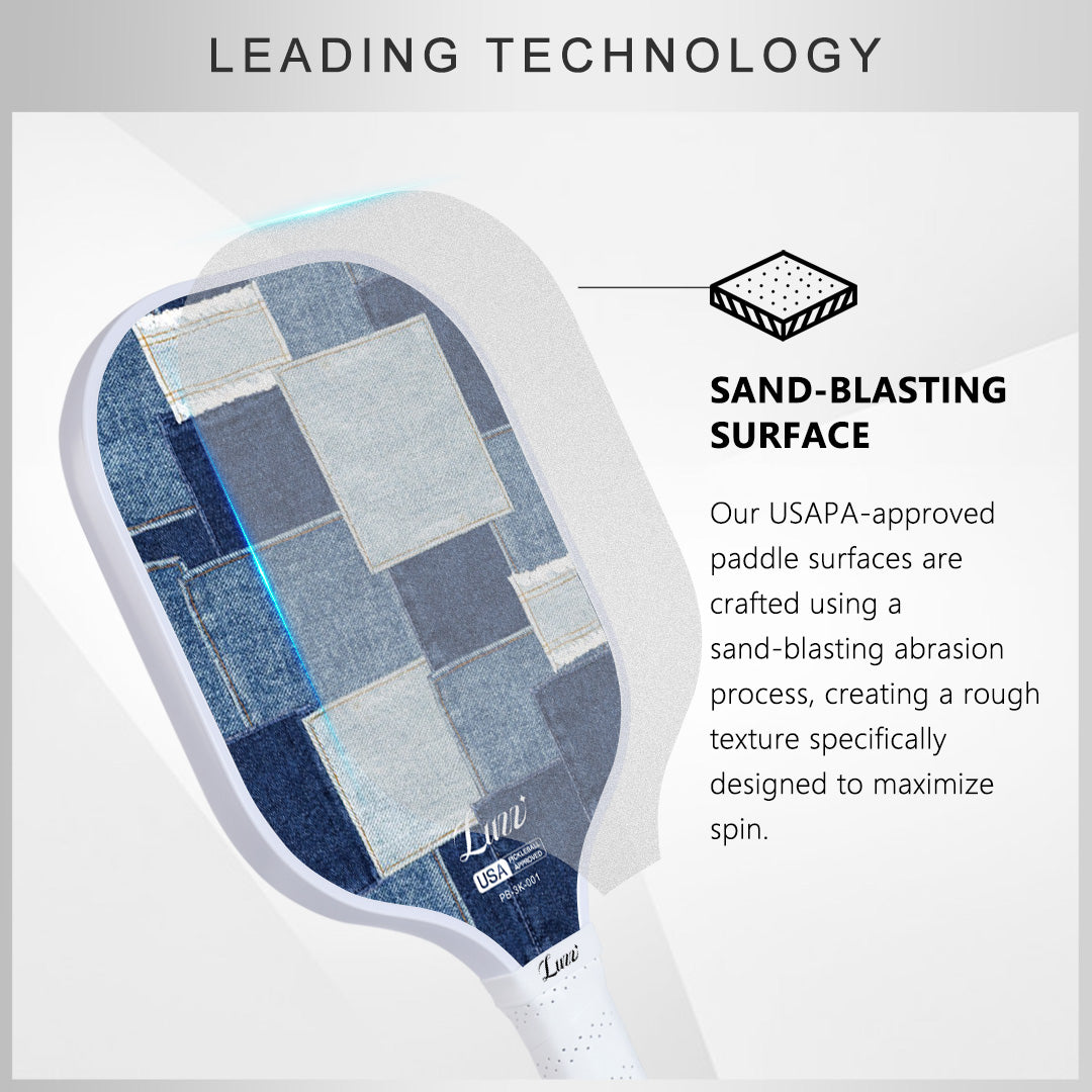 Pickleball paddle face layer detail featuring a USAPA-certified sand-textured surface finish