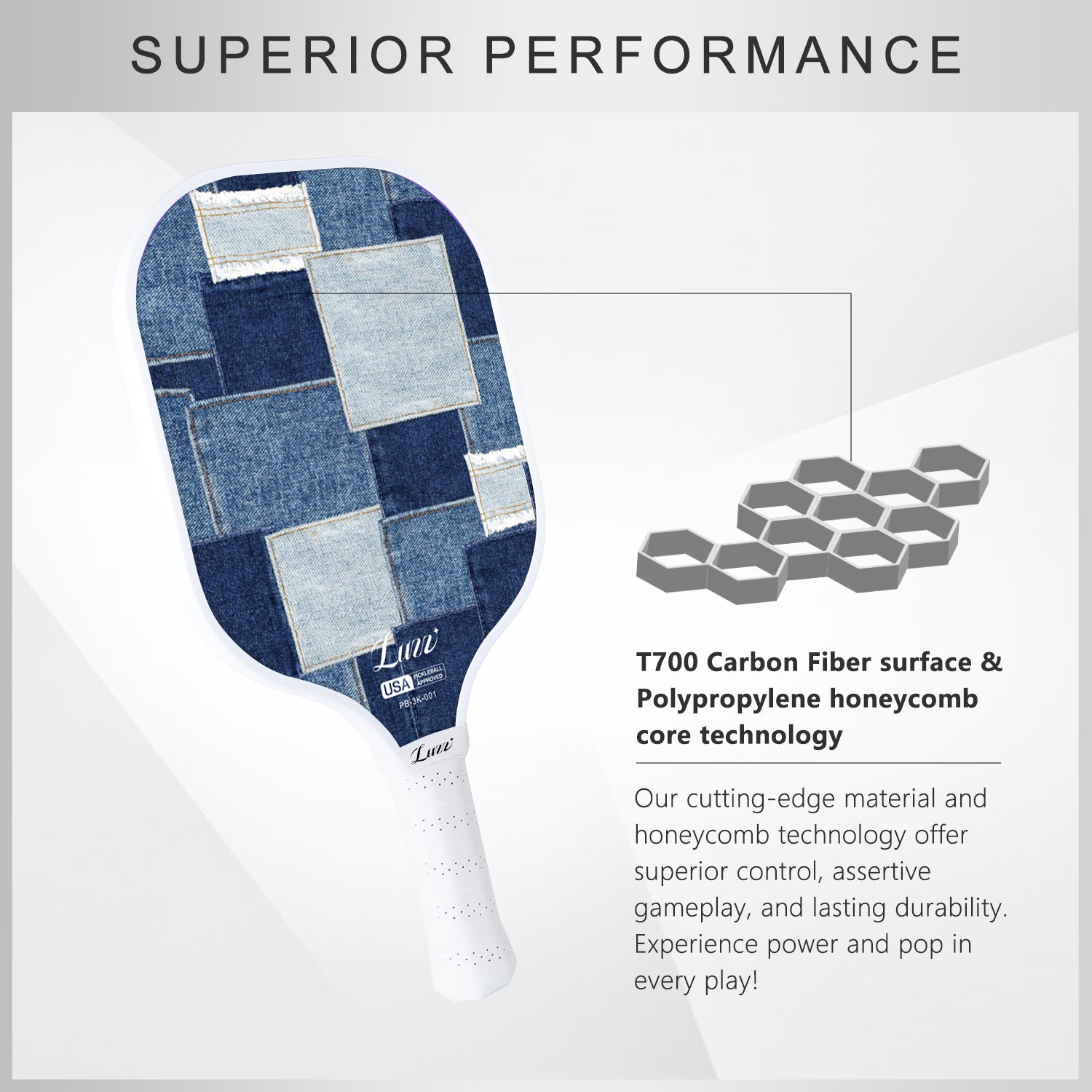 LUZZ Denim Mosaic Original Paddle performance features showcasing a T700 carbon fiber surface and polypropylene honeycomb core technology