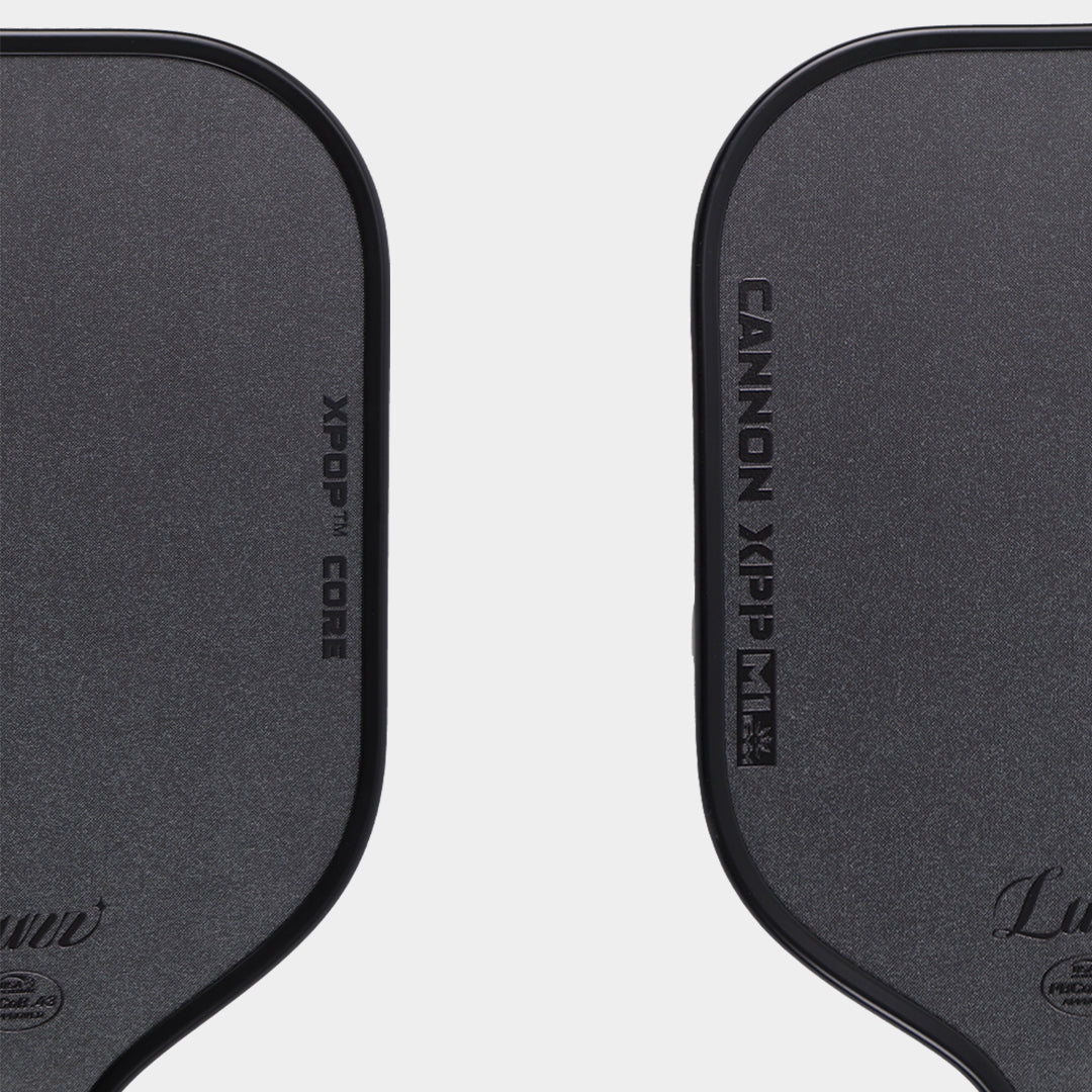 Close-up of the LUZZ Cannon XPP M1 paddle face and XPOP Core markings