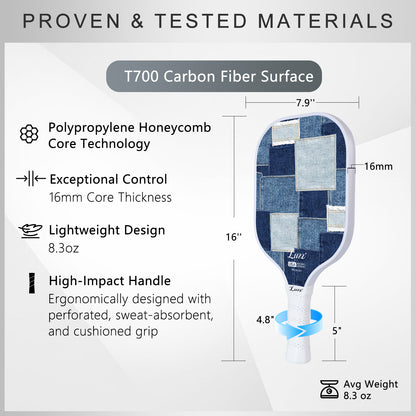 LUZZ Denim Mosaic Original Paddle specifications featuring a 16 mm polypropylene honeycomb core, sweat-absorbing cushioned grip, lightweight 8.3 oz design, 7.9-inch paddle width, 16-inch overall length, and 16 mm thickness