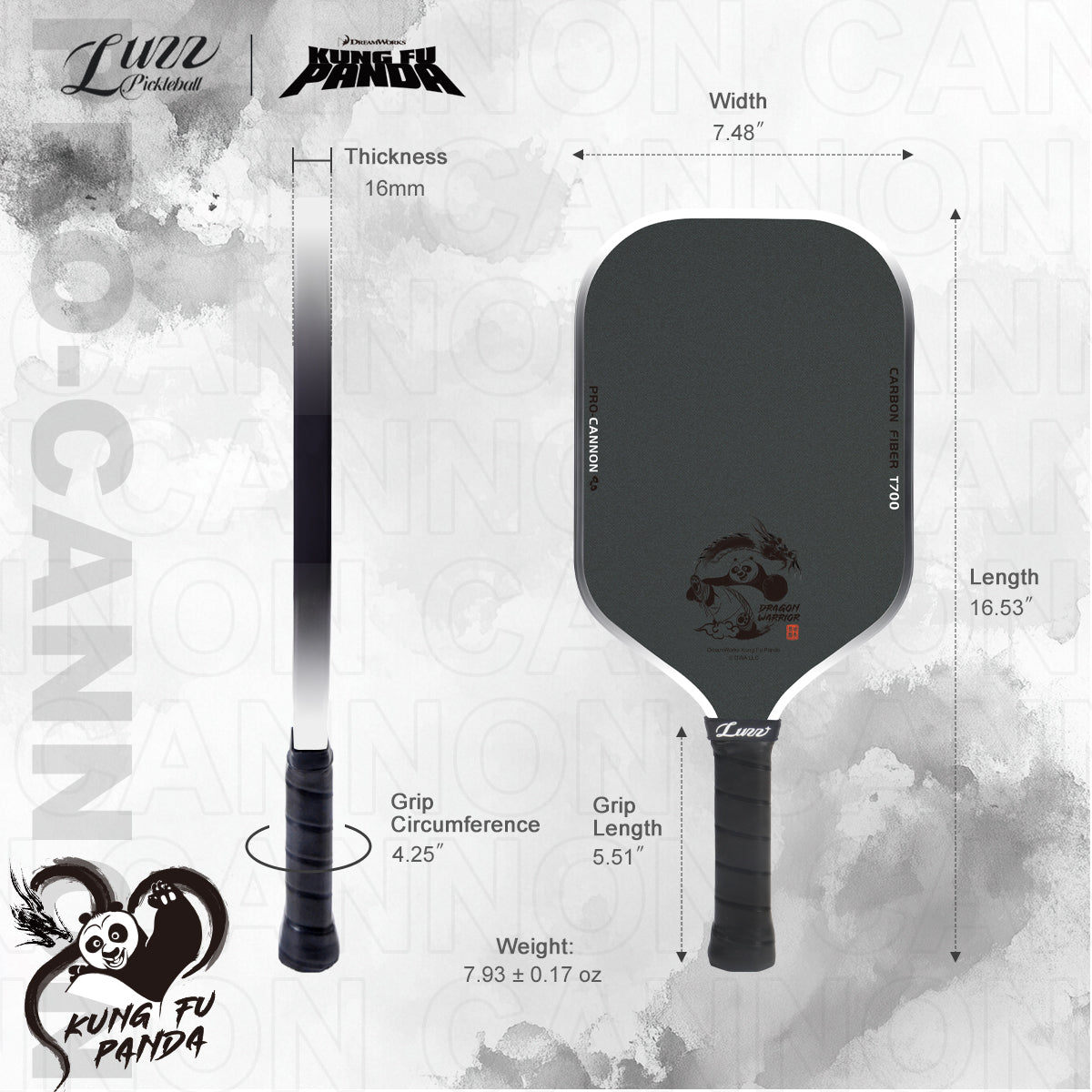 Luzzpickleball Kung Fu Panda Cannon T700 Carbon Friction Surface|Thermoformed