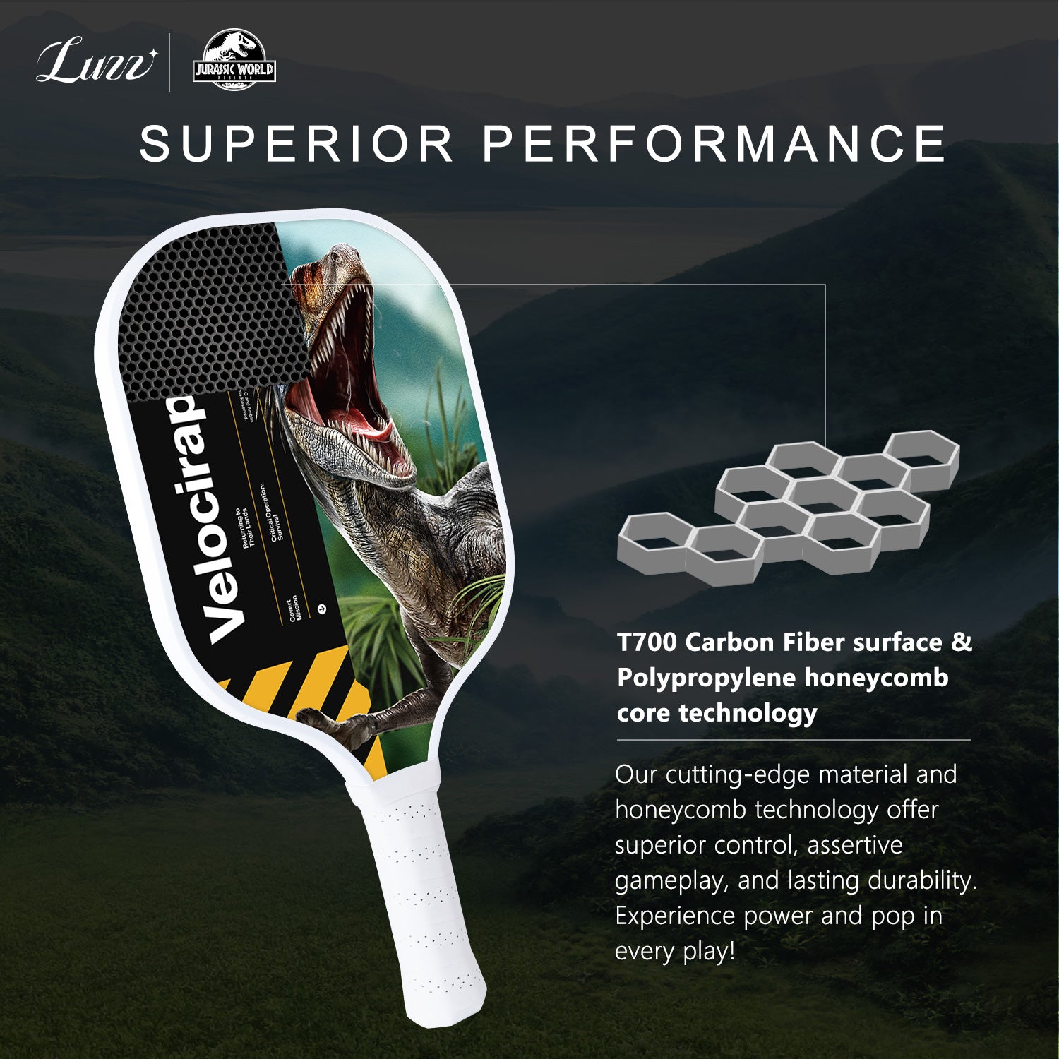 Luzzpickleball Velociraptor Original Paddle (16mm) T700 Carbon Fiber