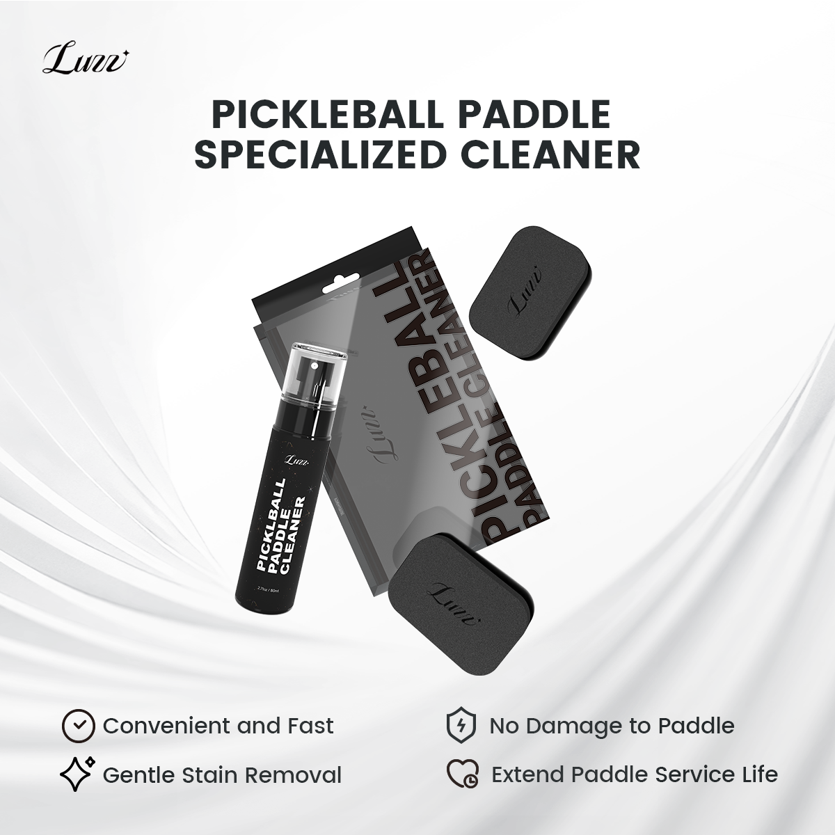 LUZZ Paddle Cleaning Kit featuring a compact black package design with an 80 ml portable spray bottle and two premium cleaning sponges