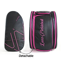 Black pickleball backpack with a detachable side pouch, pink zippers, a pink LUZZ logo, and minimalist line detailing