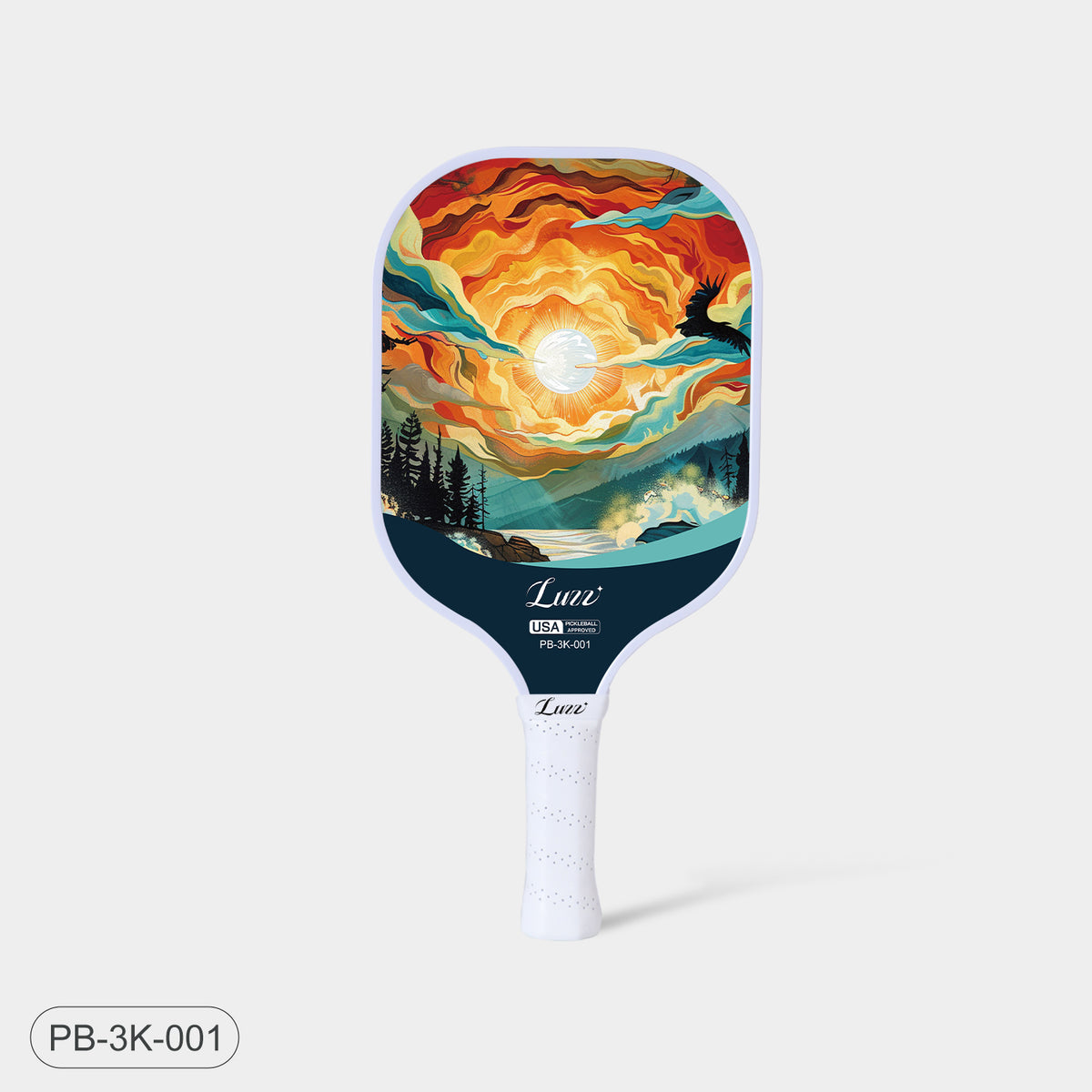 Luzz Sunset Art Original Paddle with an oil-painting-style sunset scene, Luzz and USAP logos at the bottom, white edge, and white handle.