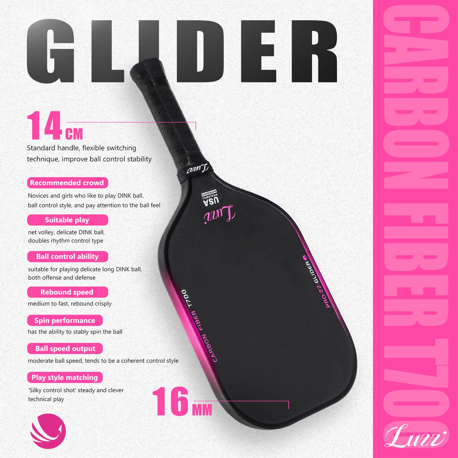 Luzzpickleball Glider Paddle T700 Carbon Friction Surface|Thermoformed