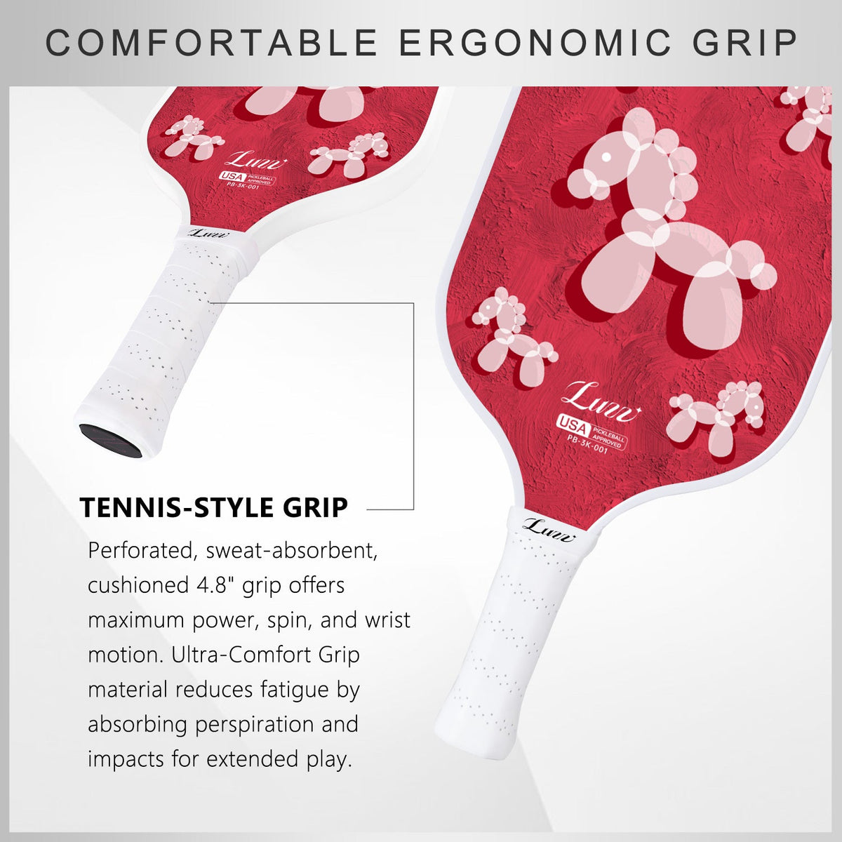 LUZZ Lucky Denim Original Paddle handle detail featuring a perforated, sweat-absorbing grip and a thick 4.8-inch handle