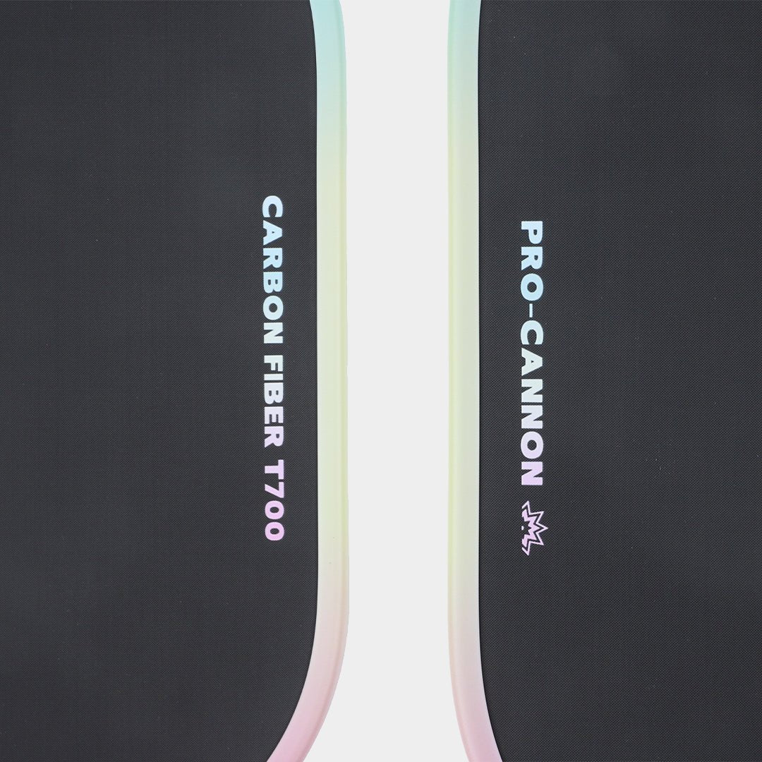 Close-up of the paddle edge, featuring “CARBON FIBER T700” on the right and “PRO-CANNON” on the left.