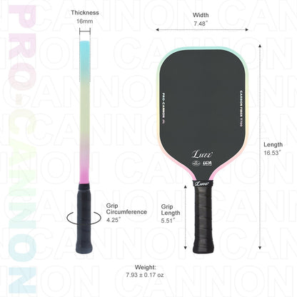 Paddle dimensions and specifications: 16mm thickness, 7.48" width, 16.53" overall length, 5.51" handle length, and 7.93 ± 0.17 oz weight.