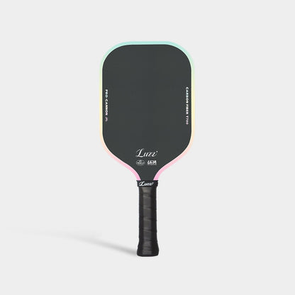 Luzz Candy Cannon standing upright, back view, with a black face featuring the Luzz logo and UPA-A & USAP certification logos, a pastel rainbow gradient edge, and a black handle.
