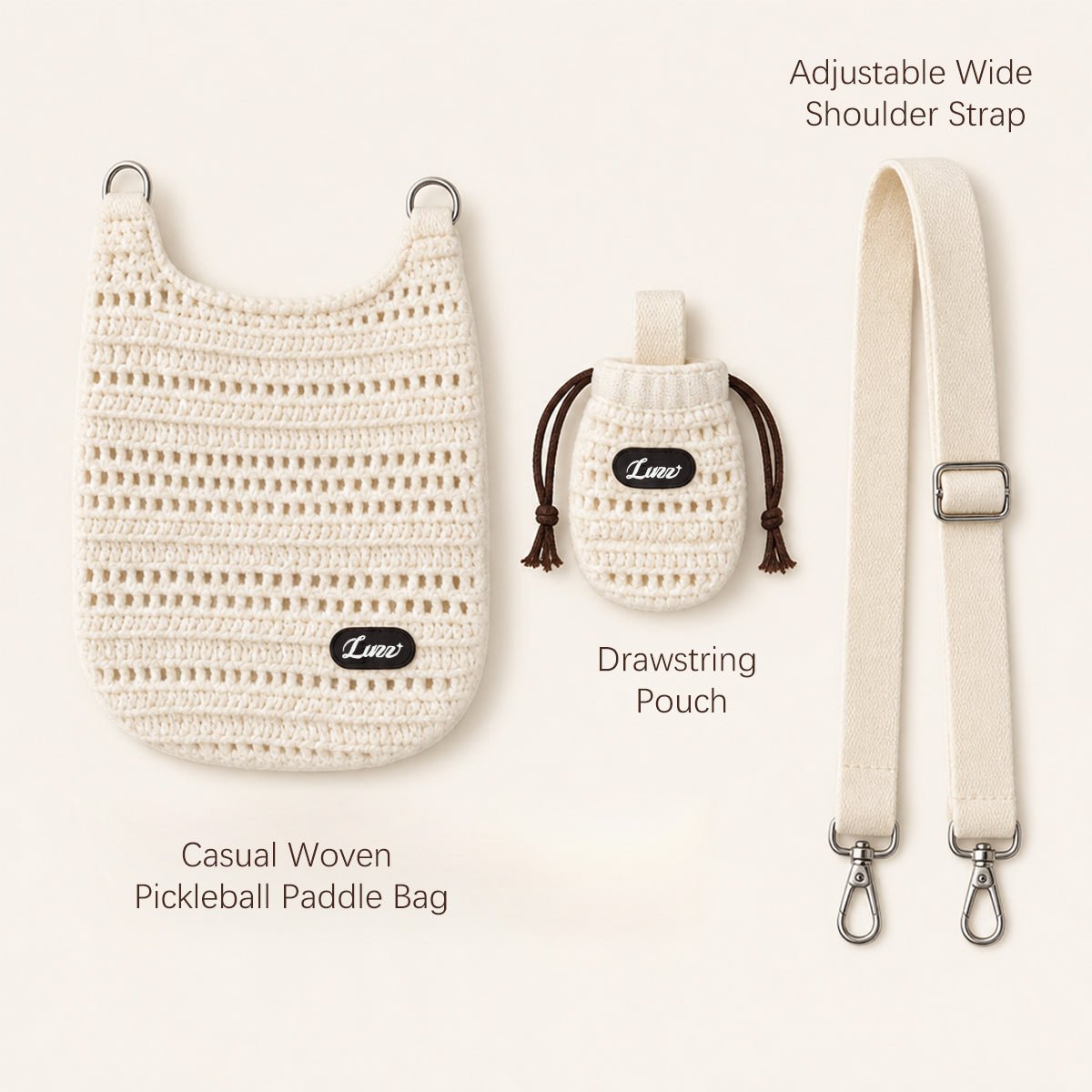 Open-weave pickleball paddle cover, knitted ball bag, and adjustable shoulder strap displayed flat.
