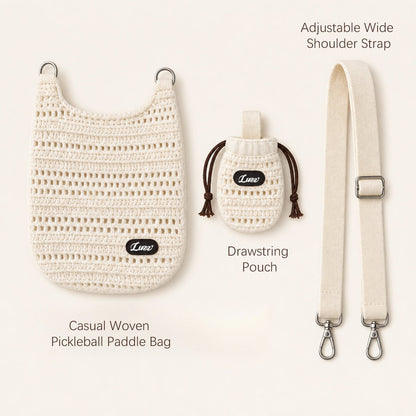 Open-weave pickleball paddle cover, knitted ball bag, and adjustable shoulder strap displayed flat.