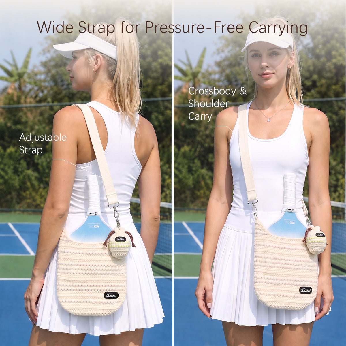 Model demonstrating two ways to wear a casual knit pickleball paddle cover with an adjustable shoulder strap