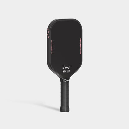 LUZZ Cat Paw Cannon pickleball paddle upright front view featuring the LUZZ logo and UPA-A and USAP certification logos, black side edges, four small cat paw graphics at the top, and a black handle