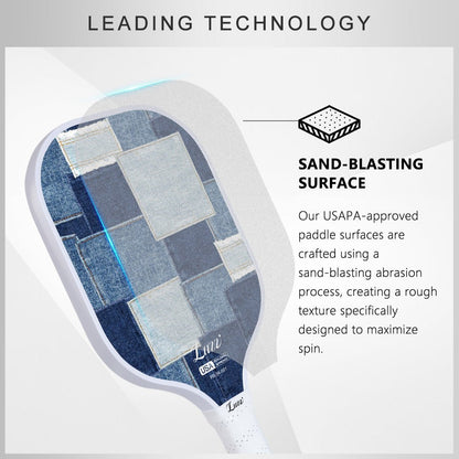 Pickleball paddle face layer detail featuring a USAPA-certified sand-textured surface finish