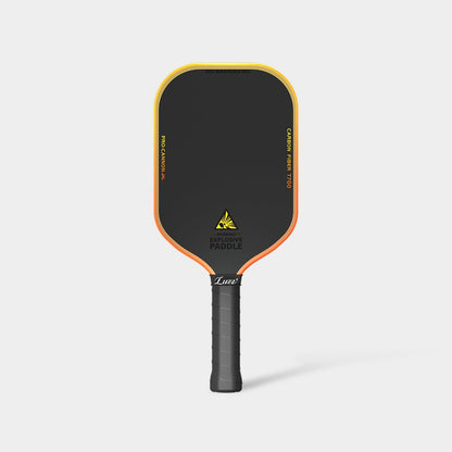 LUZZ Explosion Cannon pickleball paddle back view featuring a black paddle face with orange-to-yellow gradient “PRO-CANNON” and “CARBON FIBER T700” lettering on each side, glossy black “EXPLOSIVE PADDLE” text at the bottom, orange-to-yellow gradient edges, and a black handle