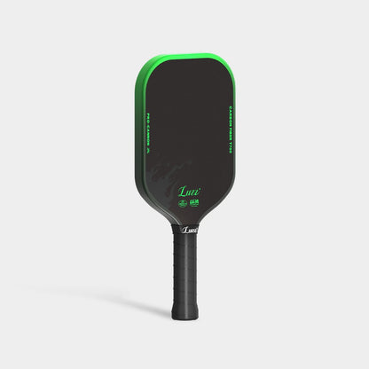 LUZZ Green Flame Cannon pickleball paddle upright left-side view featuring a green-to-black gradient side edge with black “TOXIC INCENDIARY” lettering and a black handle