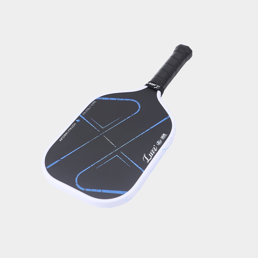 Flat-lay paddle with the head facing forward, featuring a black paddle face with blue ice-crack pattern lines.