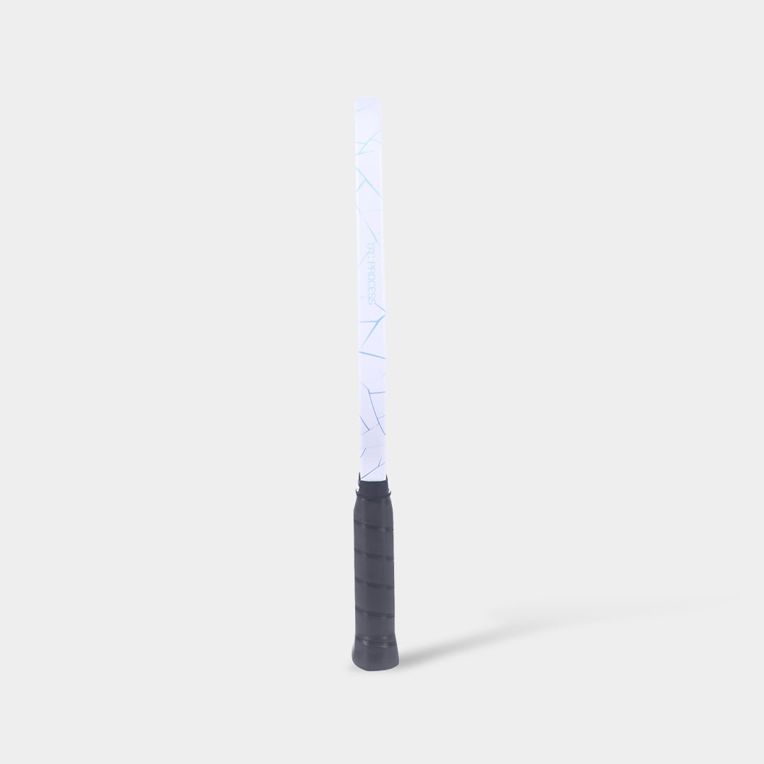 Upright paddle side view, featuring a white edge with light blue ice-crack patterns and a black handle.