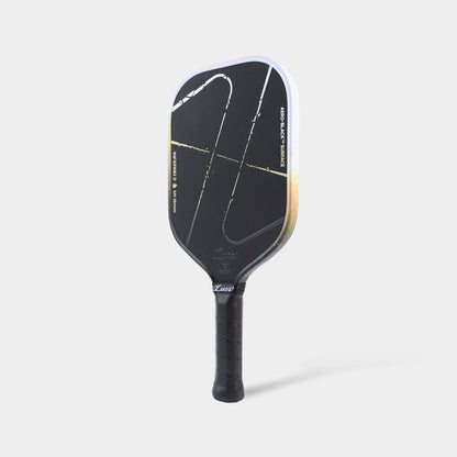 Luzz Inferno2 M1 Dawn standing upright at an angled side view, with a white-to-gold-to-black gradient edge and black handle.