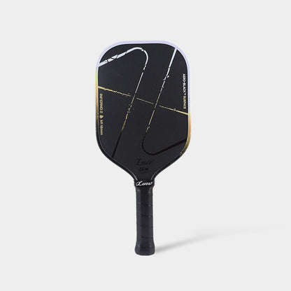 Luzz Inferno2 M1 Dawn standing upright, front view, with a black face featuring the classic Inferno pattern, a white-to-gold-to-black gradient edge, and a black handle.