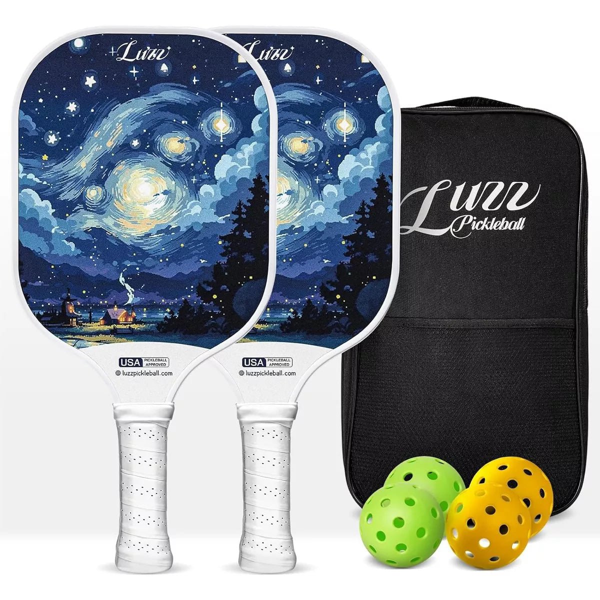 Two paddles arranged front and back, featuring an oil-painting-style galaxy design on the paddle faces and white handles. A black paddle bag, two indoor balls, and two outdoor balls are placed on the right side of the paddles.