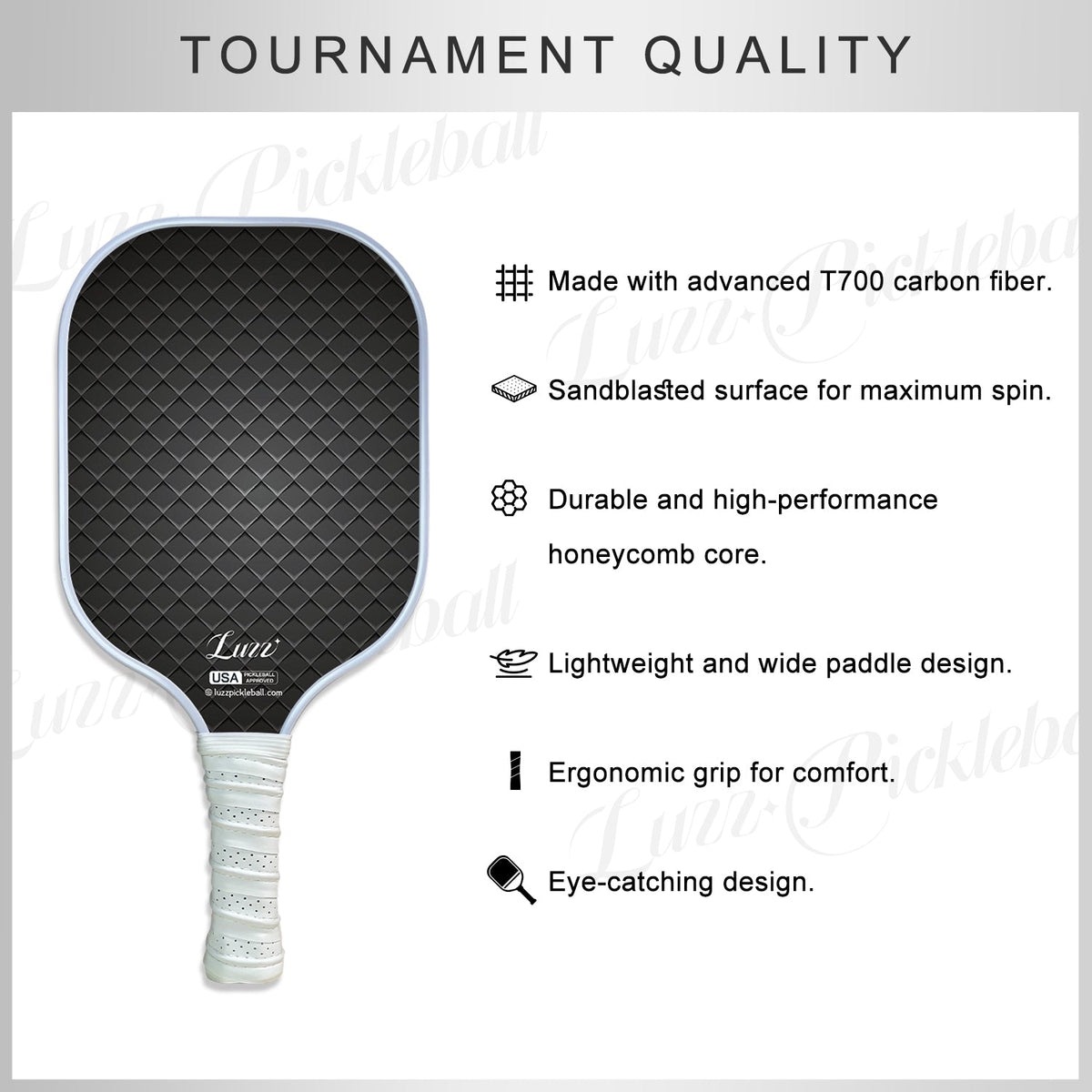Pickleball paddle featuring premium T700 carbon fiber, a sand-textured surface, and a durable honeycomb core.