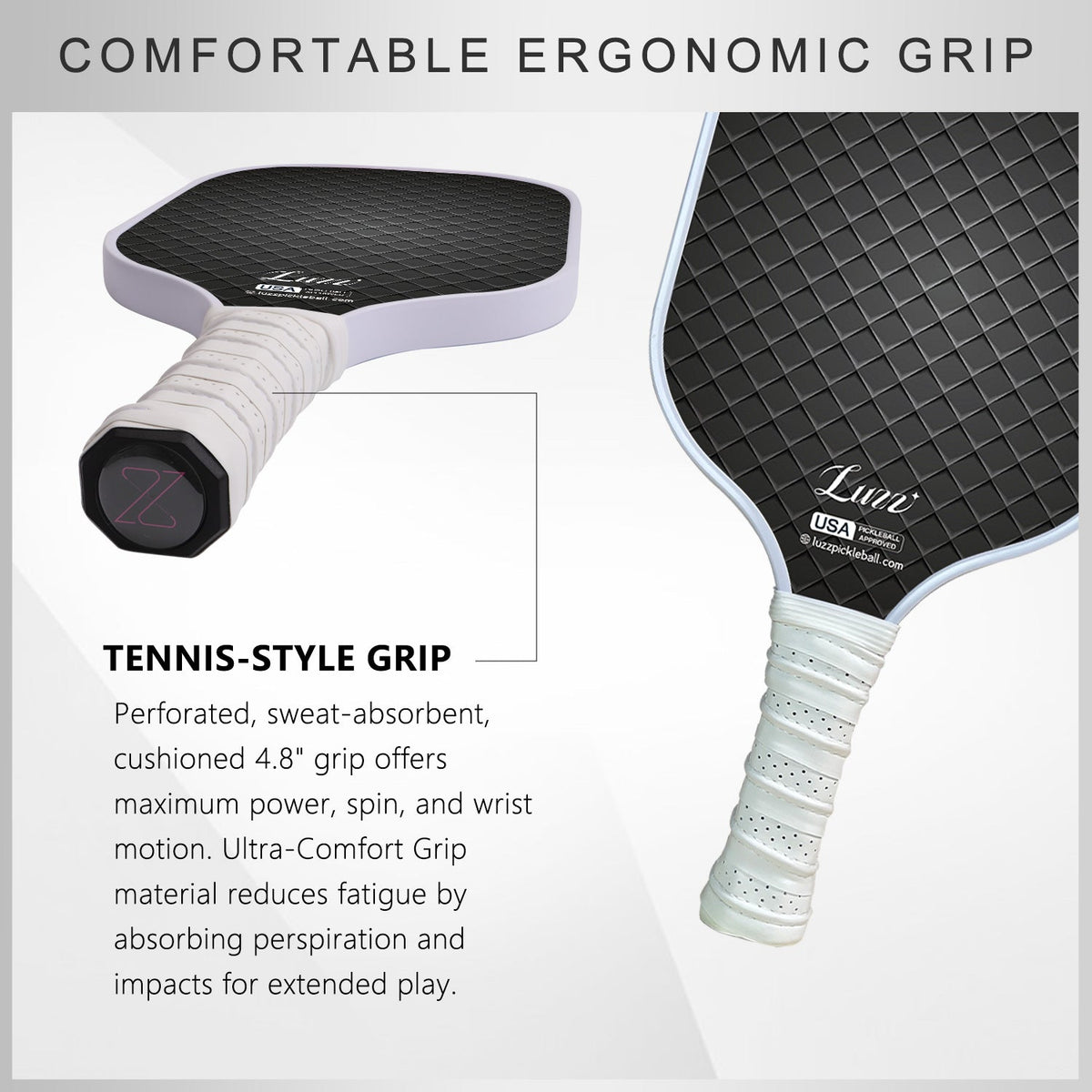 Pickleball paddle handle detail featuring a perforated, sweat-absorbing grip and a thick 4.8-inch handle.