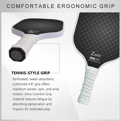 Pickleball paddle handle detail featuring a perforated, sweat-absorbing grip and a thick 4.8-inch handle.