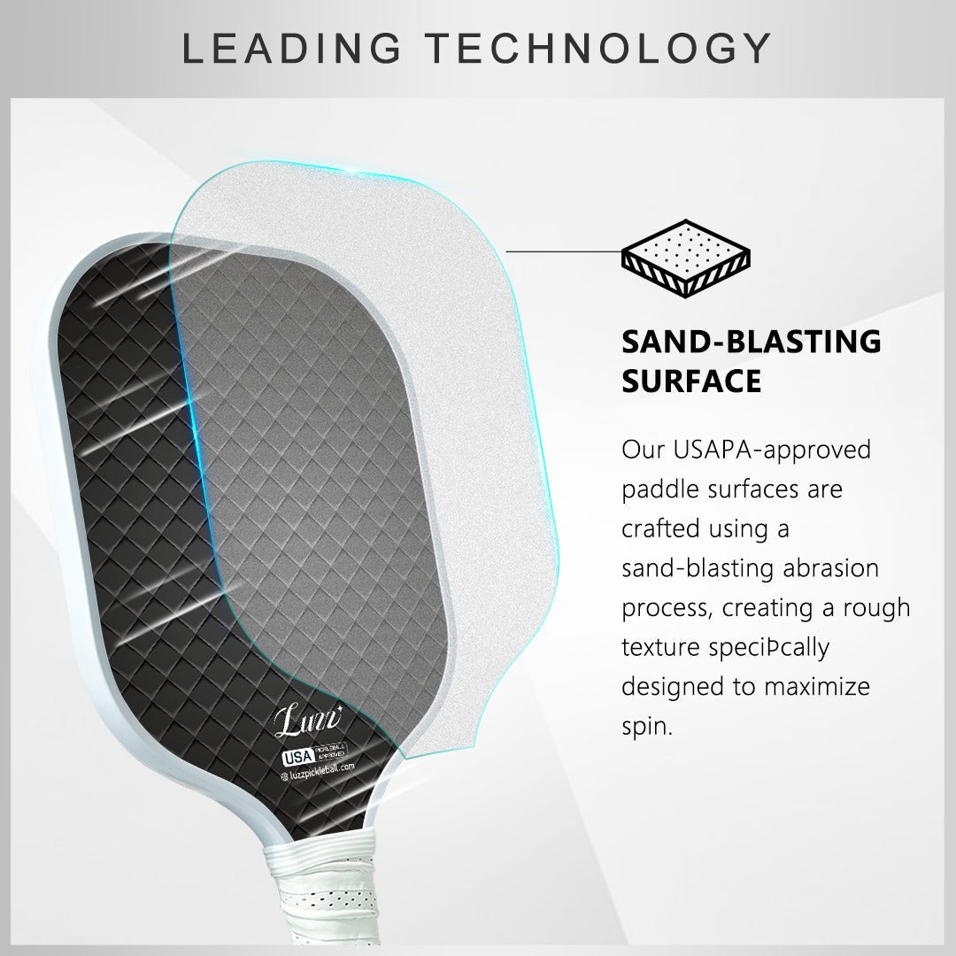 Pickleball paddle face layer detail featuring a USAPA-certified sand-textured surface finish.