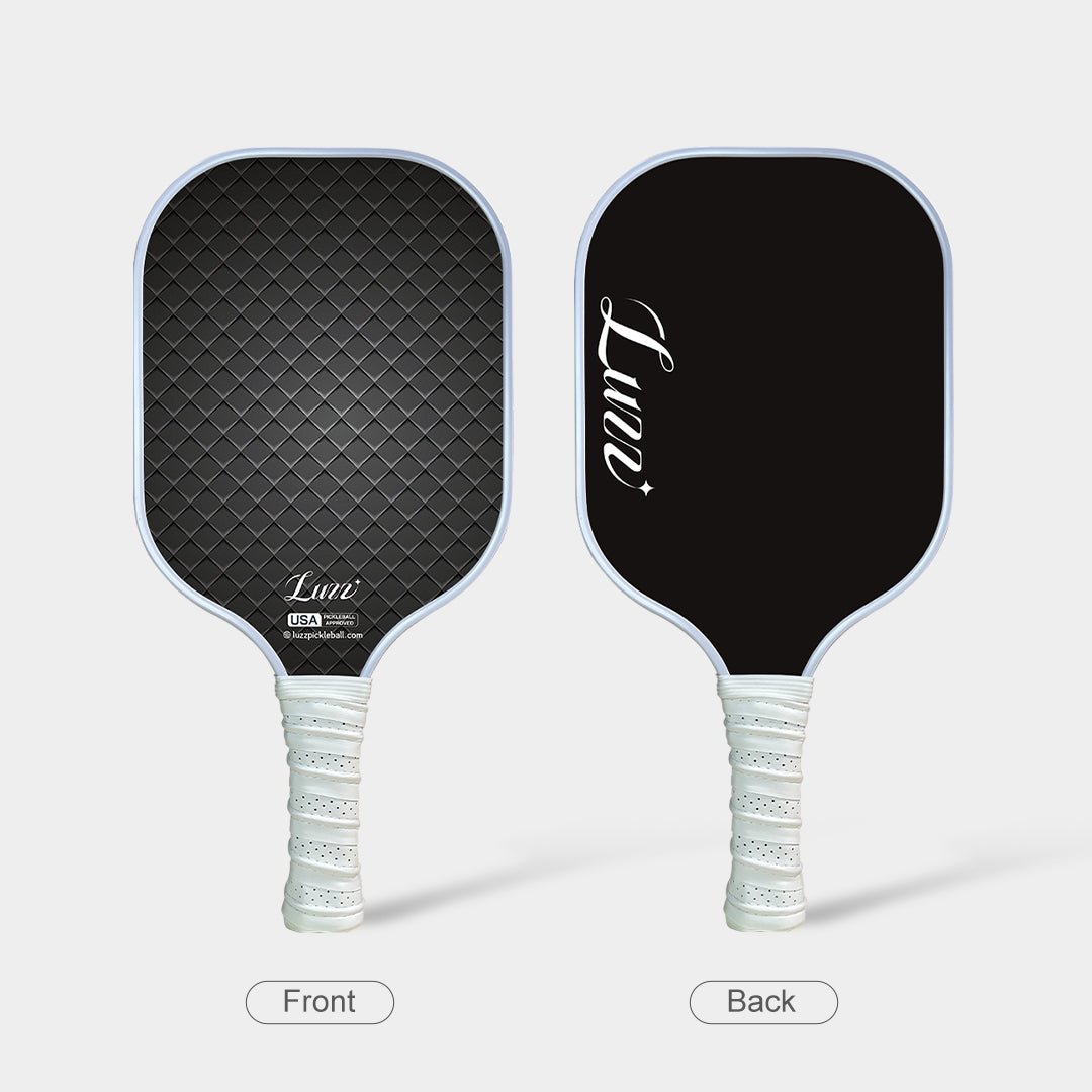 Front and back view of the paddle, featuring a black grid-patterned face on the front, a solid black back, and a white handle.