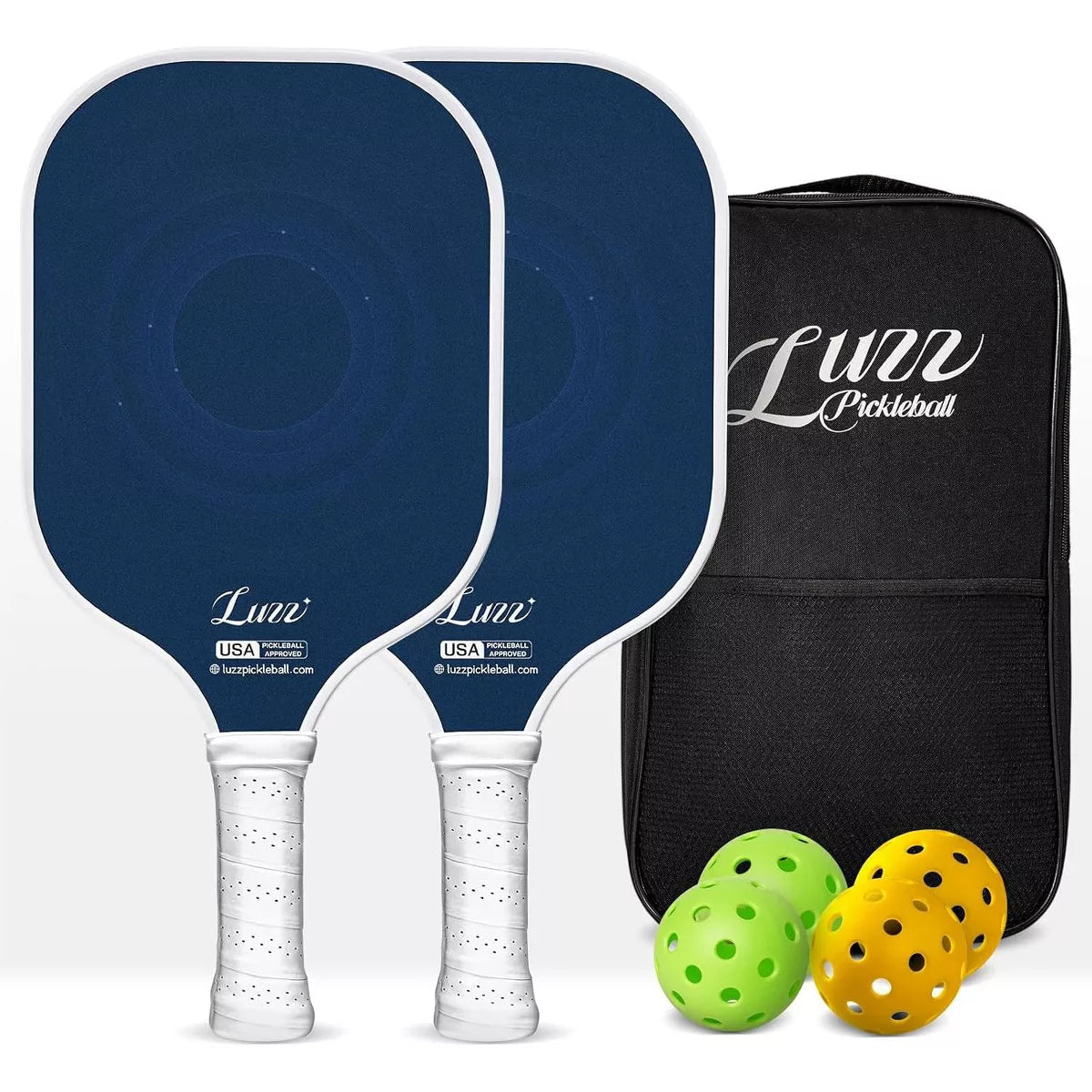 Two paddles arranged front and back, featuring blue paddle faces with diffused circular patterns and white handles. A black paddle bag, two indoor balls, and two outdoor balls are placed on the right side of the paddles.