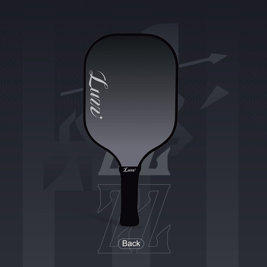 LUZZ KnightStrike Original Paddle back view featuring a black-to-gray gradient paddle face with a light gray script LUZZ logo on the left side