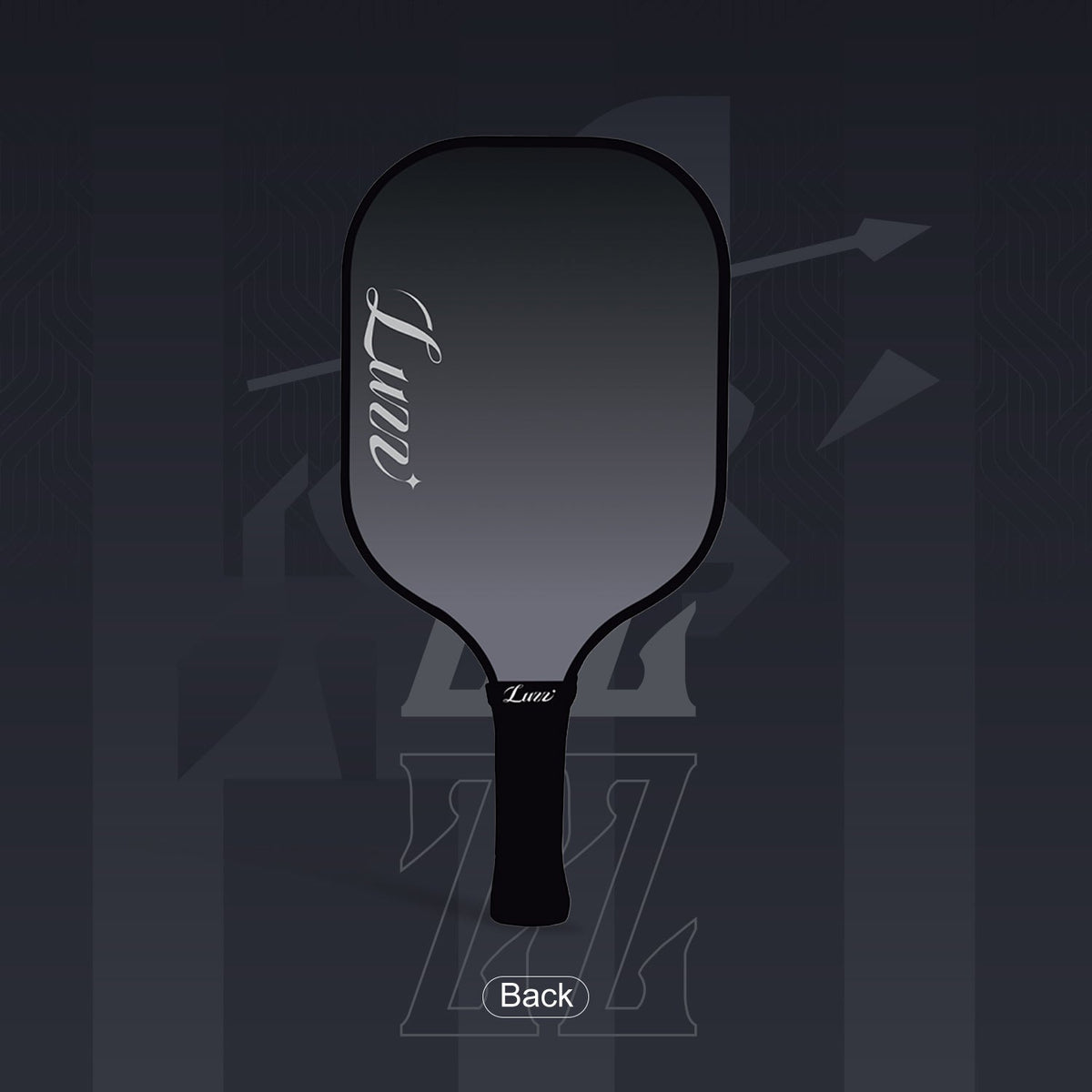 LUZZ KnightStrike Original Paddle back view featuring a black-to-gray gradient paddle face with a light gray script LUZZ logo on the left side