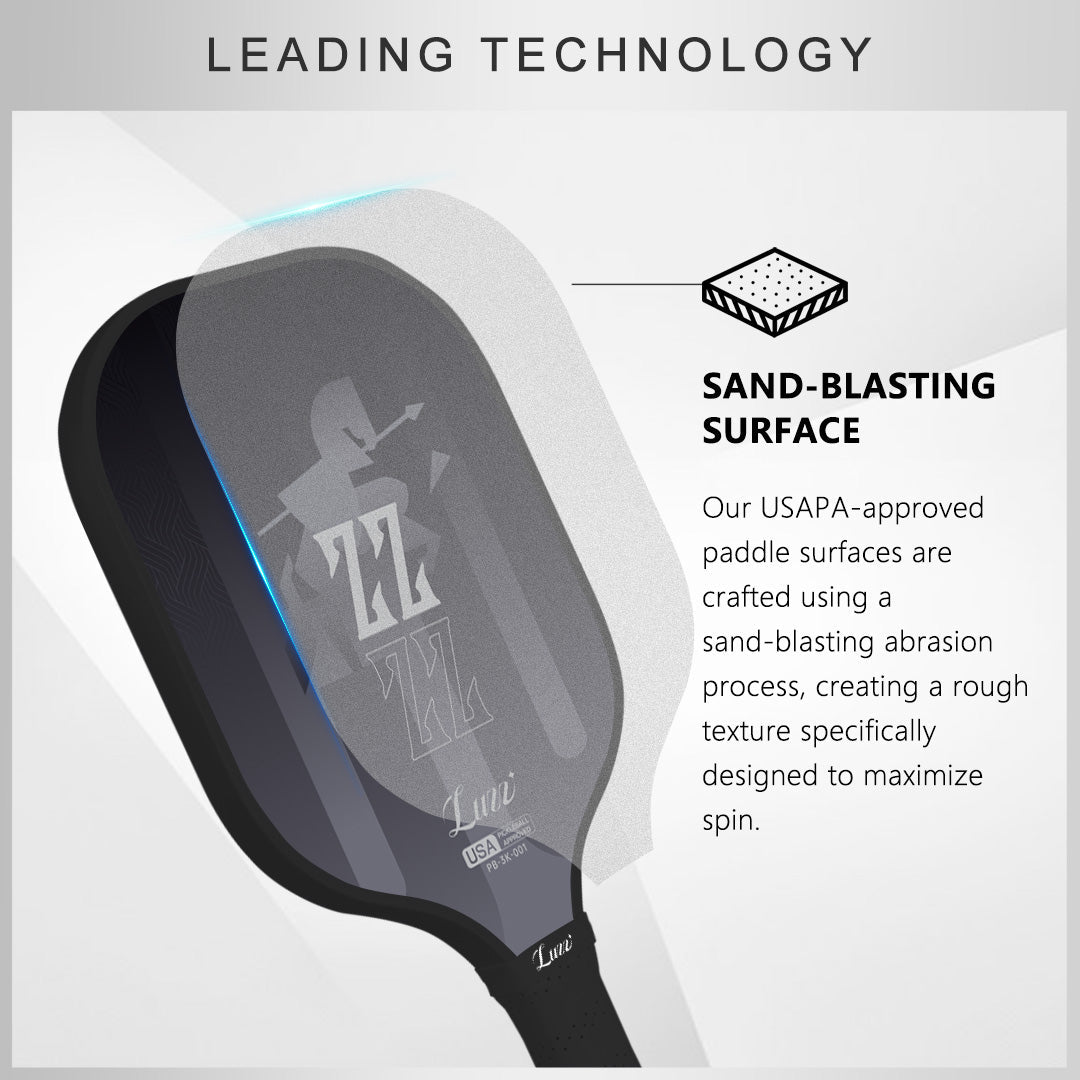 Pickleball paddle face layer detail featuring a USAPA-certified sand-textured surface finish