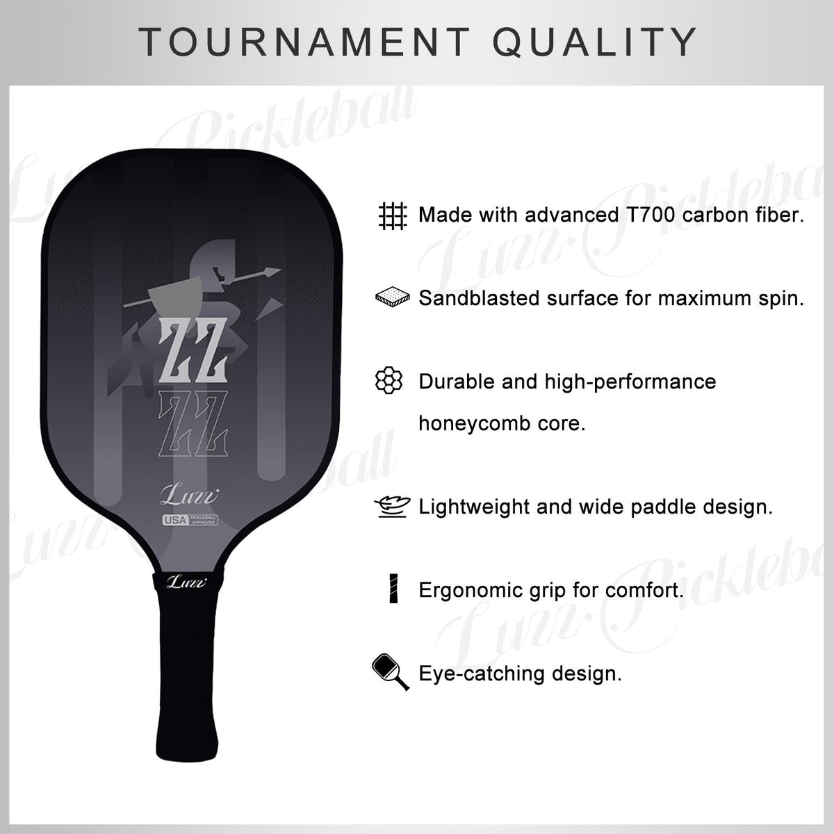 LUZZ KnightStrike Original Paddle back Paddle featuring premium T700 carbon fiber, a sand-textured surface, and a durable honeycomb core