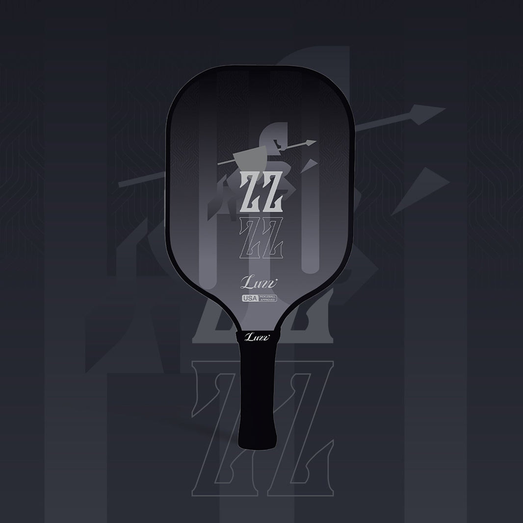 LUZZ KnightStrike Original Paddle featuring a black-to-gray gradient paddle face with a warhorse graphic and “ZZ” lettering, paired with a black handle