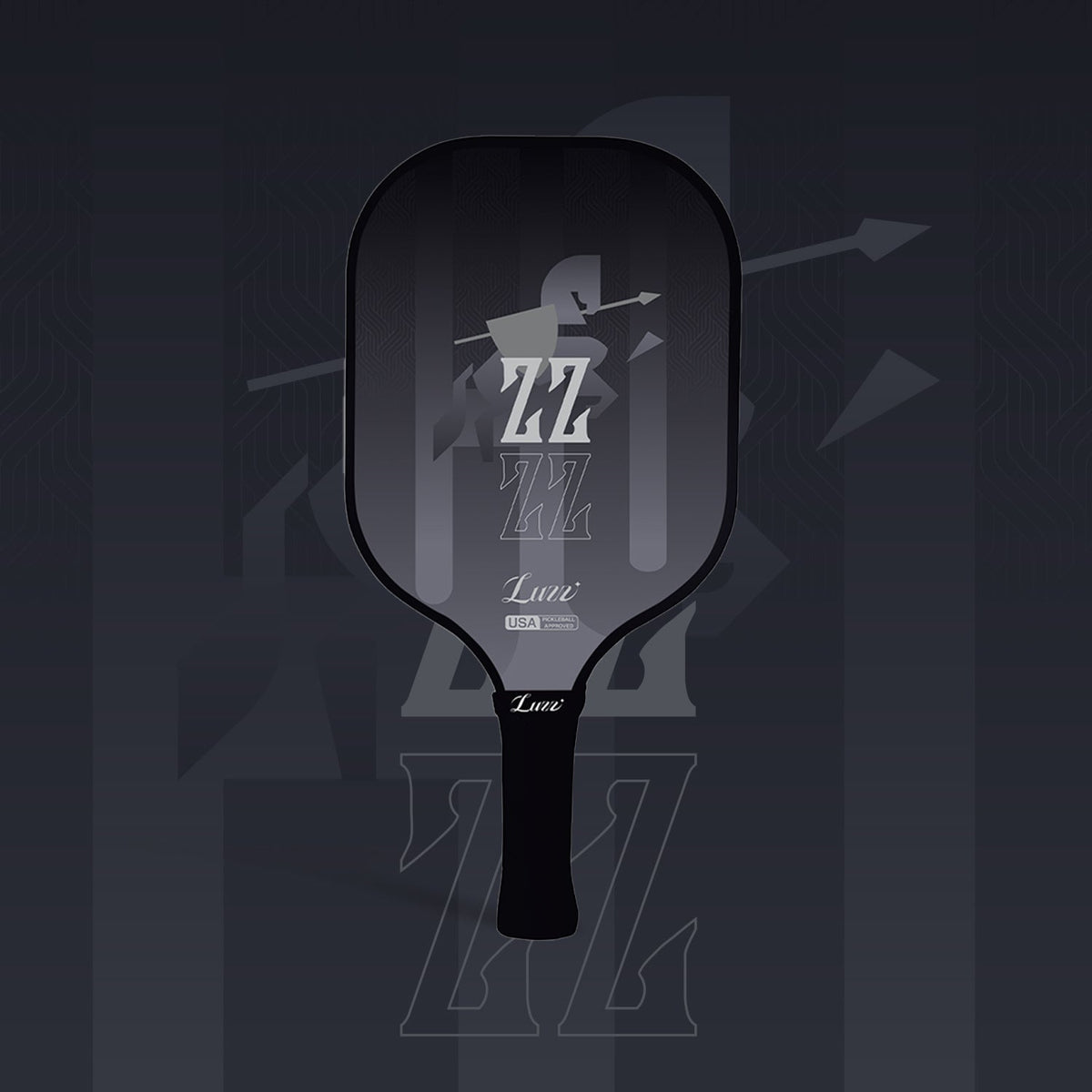 LUZZ KnightStrike Original Paddle featuring a black-to-gray gradient paddle face with a warhorse graphic and “ZZ” lettering, paired with a black handle