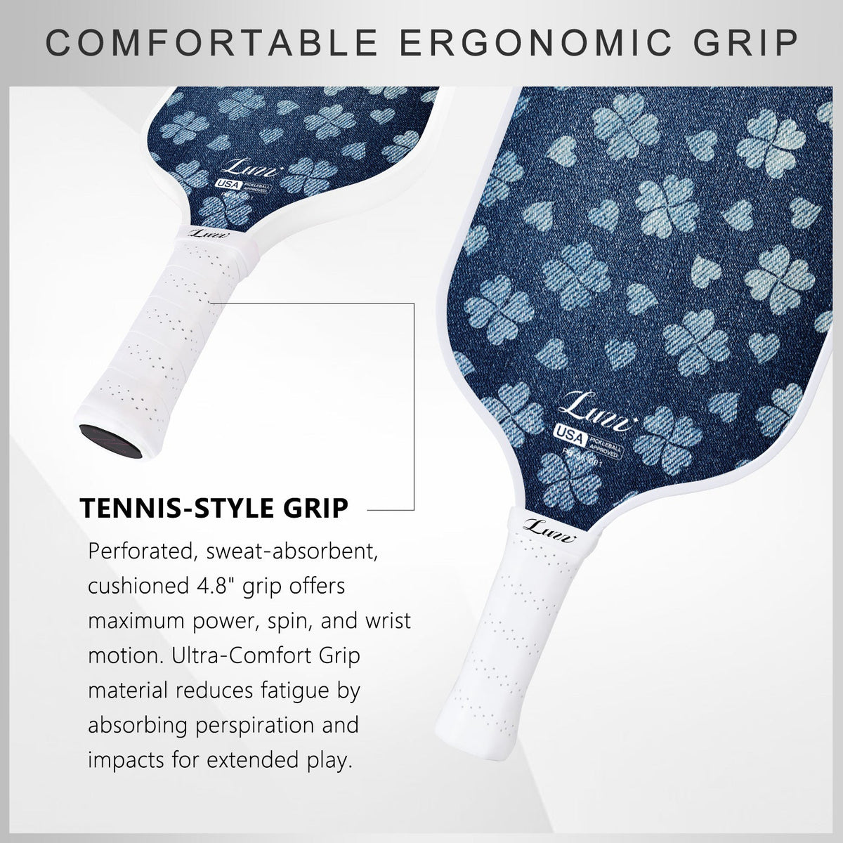 LUZZ Lucky Denim Original Paddle handle detail featuring a perforated, sweat-absorbing grip and a thick 4.8-inch handle