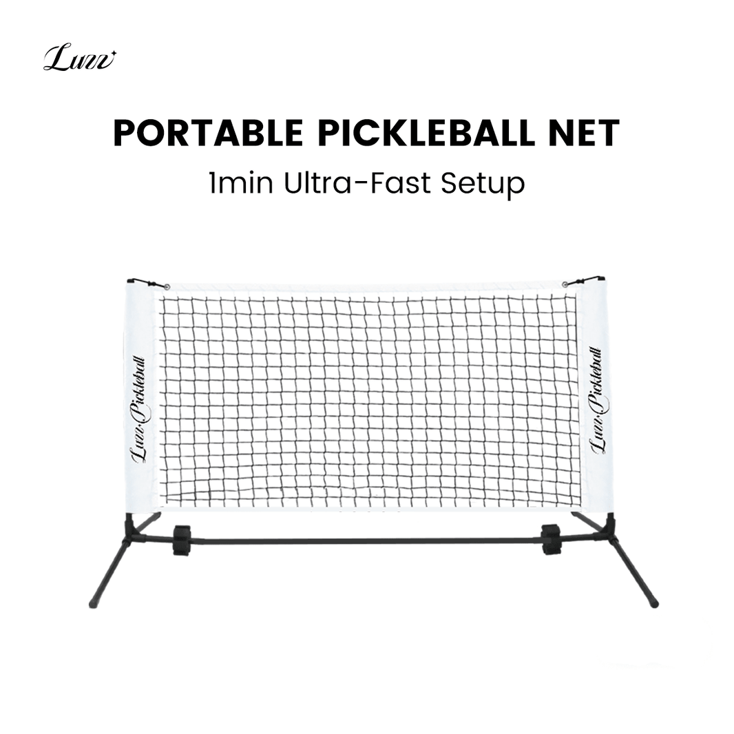 LUZZ Portable Pickleball Net featuring a sleek black-and-white design with quick 1-minute setup
